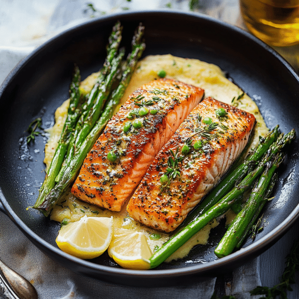 Lachs mit Knoblauchbutter und Spargel