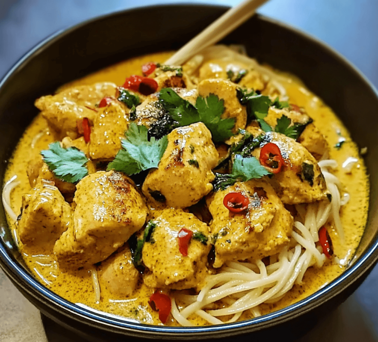 Cremiges thailändisches Kurkuma Hähnchen mit Nudeln